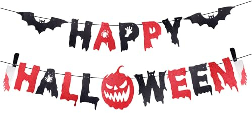 Happy Halloween Banner, Rot-Schwarzes Banner Hintergrund mit Gruseligem Kürbis Fledermaus Spinnen Design Party Girlande Dekoration Halloween Party Zubehör