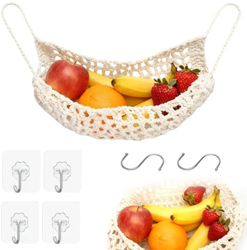 TNSLAND 1 Stück Obstkorb Hängend, Makramee Obstnetz, Obst Gemüse Hängematte | Makramee Hängen Obstnetz zum Aufhängen, Obst Hängematte mit 4 Haken und 2 Aufbewahrungshaken, für Küche Zuhause Wohnmobile