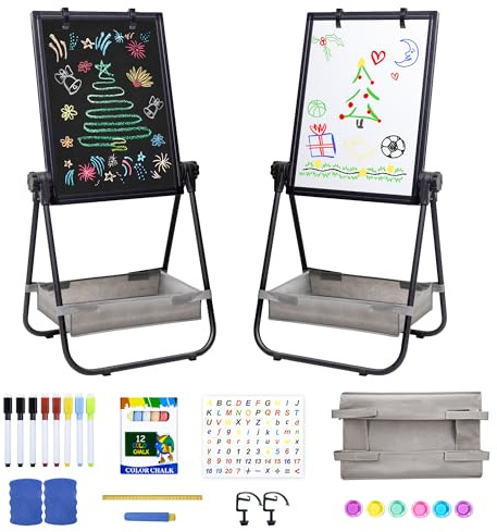 maxtek Kids Easel, 24x18in Adjustable Double-Sided Whiteboard & Chalkboard 360°Rotating, Magnetic Standing Art Easel Kids for Boys and Girls 3+ with Drawing Accessories, Black