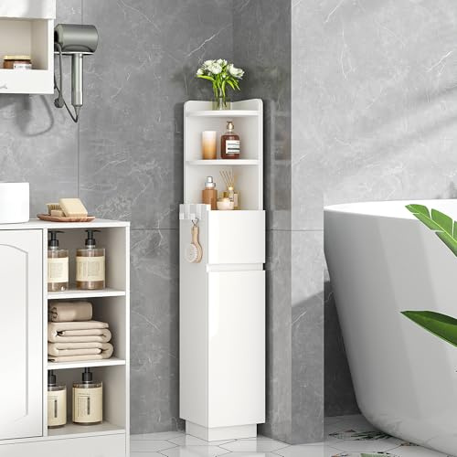 HEXCELEN Badezimmerschrank, Toilettenschrank, 20 x 20 x 98 cm Weiß | Eckschrank Badschrank, Schmalem Badregal mit Verstellbarem Einlegeboden, 1 Schublade und 4 Offenen Fächern