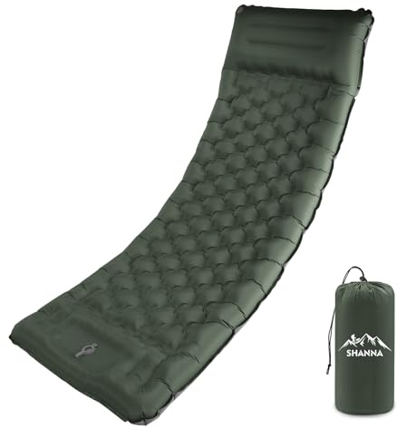 SHANNA Camping Sleeping Pad with Pillow: Extra Thick 12cm Ultralight Self Inflating Air Mat with Built-in Foot Pump Single Comfort Inflatable Sleep Mattress for Bikepacking (Army Green)