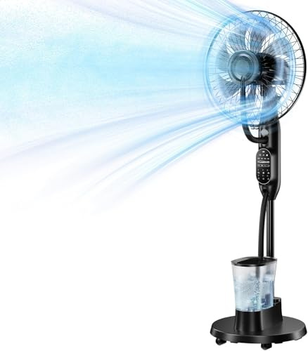 NebulaFlow Standventilator mit Wassersprüher, 3-in-1-Kühlung & Befeuchtung, Oszillierender Bodenventilator, 9 Geschwindigkeiten, 3 Modi, Fernbedienung, Leiser Schlafzimmerventilator, 1 Stück