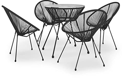 pokgdf Outdoor Esstischgruppe mit Hartglasplatte Garten Essgruppe aus PVC Rattan PVC Rattan Gartentischgruppe mit Stahlgestell für den Außenbereich 5-TLG. in Schwarz mit runder