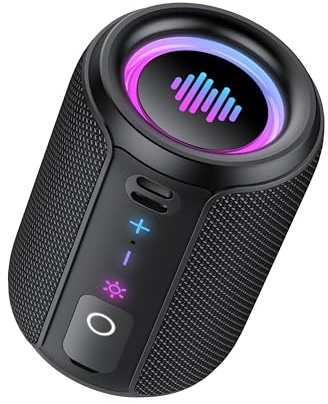 Altavoz Bluetooth Potente 5.4, 15W Pequeño Portatil Altavoz Bluetooth, 360° Sonido Estéreo TWS, Luces LED de Colores Inteligentes, 12H de Reproducción, Impermeable IPX7, para Exterior//FiestasViajes