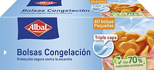 Albal Bolsas Congelación 1 Litro, Fabricadas con 70% de Materiales Reciclados, Triple Capa. Resistente, Reutilizables, Reciclables, 40 Bolsas Pequeñas. Libres de BPA