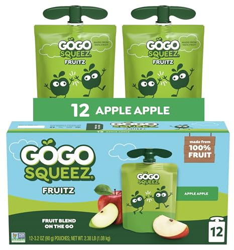GoGo squeeZ Fruit on the Go, Apple Apple, 90.7 g (12 Pouches) - Tasty Kids Apfelmus Snacks aus Äpfeln - Glutenfreie Snacks für Kinder - Nuss- und Milchfrei - Vegane Snacks