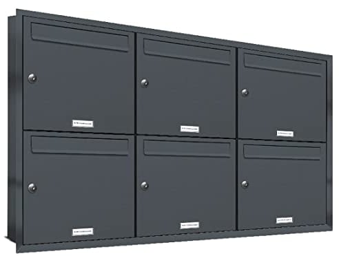 AL Briefkastensysteme, 6er Unterputzbriefkasten in Anthrazit Grau RAL 7016, Briefkastenanlage 6 Fach, Postkasten modern