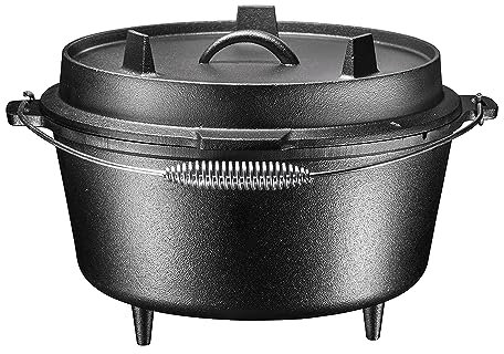 Bruntmor, 3 Legged pre-sesoned hierro fundido horno holandés – Tapa de profundidad con brida, 8,5 Quart W/metal asa