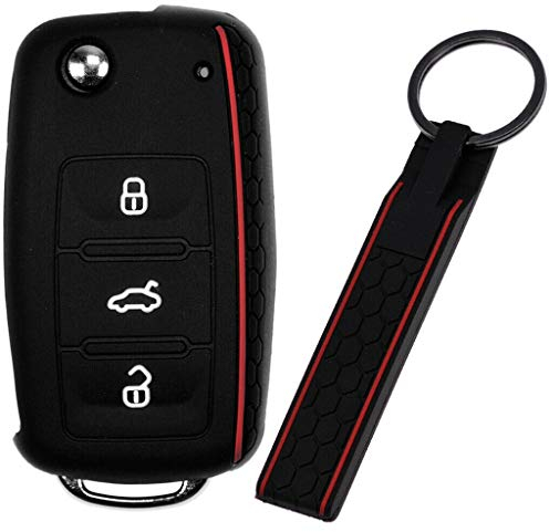 Soft Case Schutz Hülle Auto Schlüssel + Schlüsselband im Wabe Design Schwarz für VW SEAT Skoda Golf 6 Octavia UP Leon