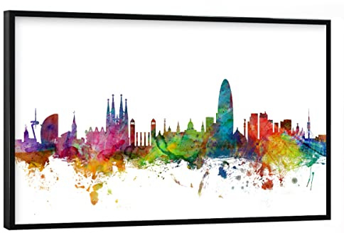 artboxONE Poster mit schwarzem Rahmen 45x30 cm Städte Barcelona Spain Watercolor - Bild Cityscape Cityscape Messi