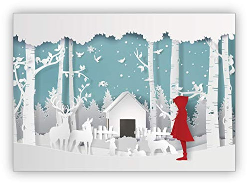 10 Stück Süße Weihnachtskarte in Papercut Optik (NICHT 3D) mit Rotkäppchen vor Winter Krippe • Klappkarten Set mit Umschlag zum Weihnachts-Fest, Neujahr für Familie, Freunde, Kollegen