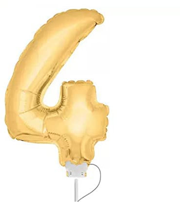 WOOOOZY Folienballon Zahl 4 am Stab, ca. 36cm, Gold