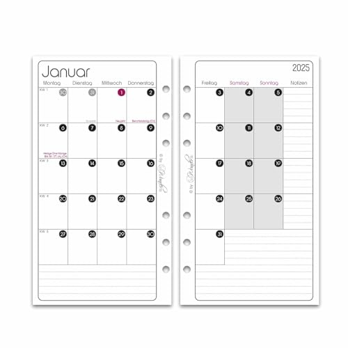 SinnWunder® Premium Kalendereinlagen 2025 – teilbarer Monatskalender mit 1 Monat auf 4 Seiten – Plus Notizen – Größe Personal