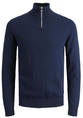 JACK & JONES Herren Dünner Strickpullover | Stehkragen Sweater mit Reißverschluss | Langarm Basic JJEEMIL, Farben:Navy, Größe Pullover:S