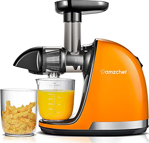 AMZCHEF Extractor de zumos y verduras - Licuadora prensado en frío - Cold press slow juicer machine con función de masticación inversa - Licuadoras para zumos con 2 depósitos y cepillo - Naranja