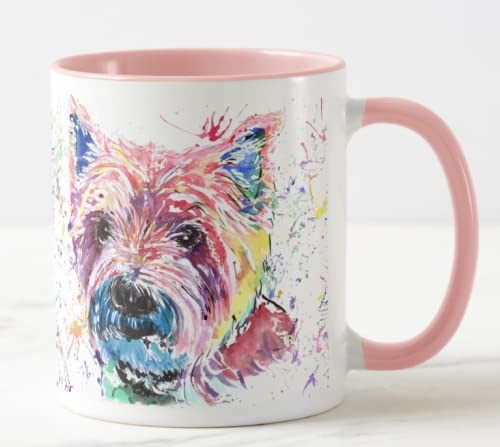 Vixar West Highland Terrier Scottish Pet Watercolour Rainbow Art Coloured Mug Cup Gift Birthday Work Office Christmas Tea Coffee (Pink)
