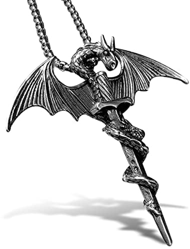 bahamut Herren-Halskette mit Drachen-Schwert-Anhänger für Herren, Edelstahl, Gothic, Vintage, cooler Schmuck mit Kette