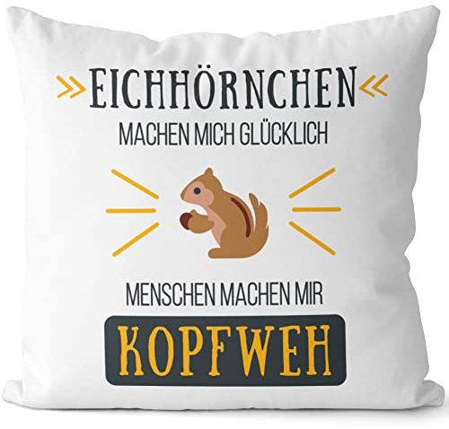 JUNIWORDS Kissen, Eichhörnchen machen Mich glücklich Menschen machen Mir Kopfweh, Weiß-Hellbraun, 2-farbig (1004586)