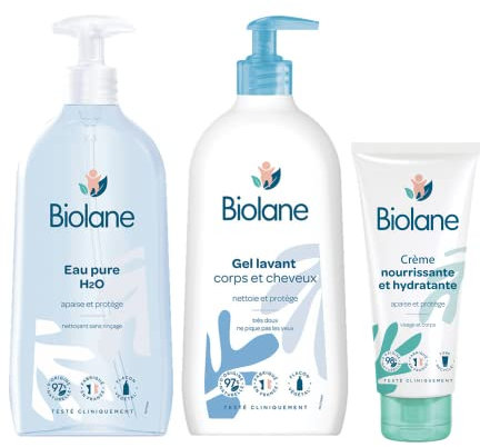 BIOLANE - Essentiels Pour La Toilette - Bébé - Eau pure - Gel lavant - Crème hydratante - Soins - Peaux Sensibles - Fabriqué en France