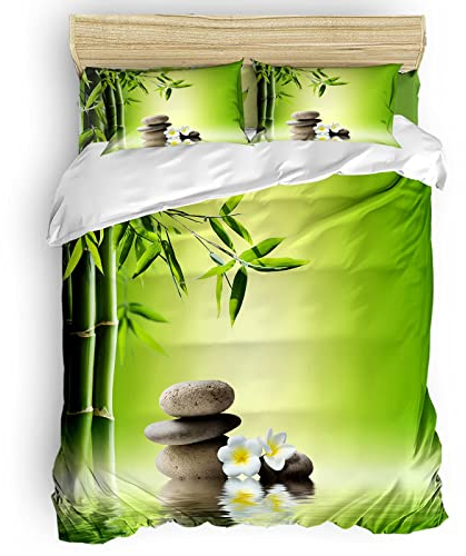 WQIZXCW Bettwäsche 135x200 Bambus Stein Blumen Zen Muster, 100% Mikrofaser Bettwäsche-Sets 2teilig, Weiche Bettbezug Set mit Reißverschluss, 1 Kopfkissenbezug 80x80 cm