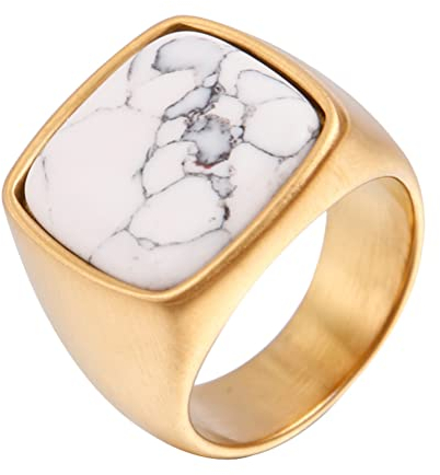 PAURO Herren Edelstahl Vintage quadratischer weißer Onyx hochpolierter Bandring Goldgröße 54