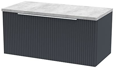 Hudson Reed DFF1496LBG Fluted Modern Bathroom Wall Hung 1 Drawer Vanity Unit with Bellato Grey Laminate Worktop, 800mm, Soft Black