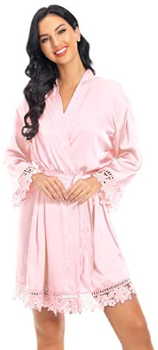 Robe de mariée en satin et dentelle pour femme - Peignoir de mariée - Kimono doux, Robe de chambre, rose, taille unique