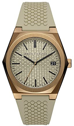 Armani Exchange Herrenuhr , DreizeigerDatumswerk, 44MM Braunes Edelstahlgehäuse mit Silikonarmband, AX2813