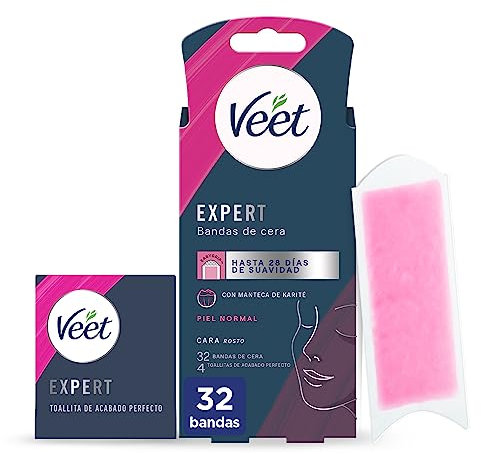 Veet Expert Bandas de Cera Fría Depilatoria para Depilación Facial, Adecuado para Labio Superior (Bigote), con Manteca de Karité, 32 tiras