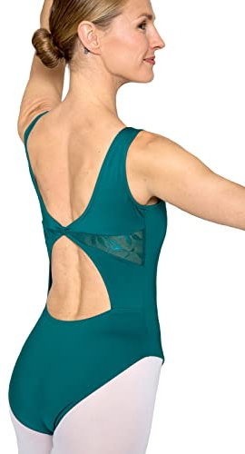 tanzmuster Ballett Trikot Damen breite Träger - Carolin - BH-Pad-Einschub - Cut-Out Rücken - geraffter Ausschnitt - türkis 36 - Tanz Body - Ballettkleidung für Erwachsene
