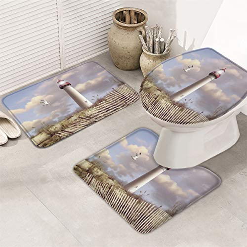 Set 3 Teilig Badvorleger Leuchtturm-Wiese-Träumerischer Himmel-Wolken-Möwen-Landschaft Dekorative Bade-Matte+Kontur+Wc-Deckelabdeckung Weiche Konturmatte Für Wohnzimmer Wc-Sitz Bezug Dusche