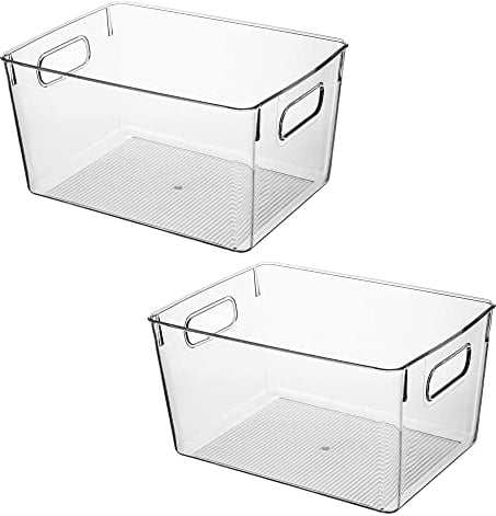 Amtido Clear Plastic Storage Bins for Fridge, Cupboard, Pantry, and Kitchen - Versatile Organisers for Food, Fruit, Vegetable, Cleaning Products, and Clothing Storage (2-Pack)