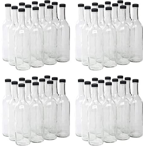 North Mountain Supply 750ml Clear Glass Bordeaux Wine Bottle Flat-Bottomed Screw-Top Finish - with 28mm Matte Black Plastic Lids - 48 Bottles & Lids (4 Cases of 12)