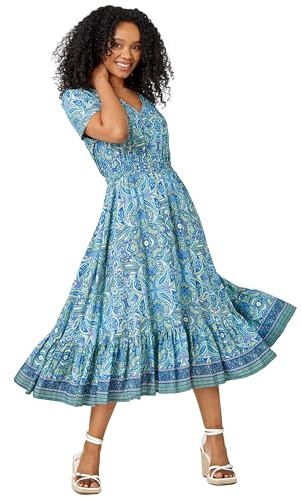 Roman Originals Shirred Waist Dress for Women UK Ladies Midi Maxi Summer Spring Tiered Frill Hem Empire Waist Short Sleeve V Neck Gathered Skirt Bohemian Holiday - Petite Paisley Blue - Size 18