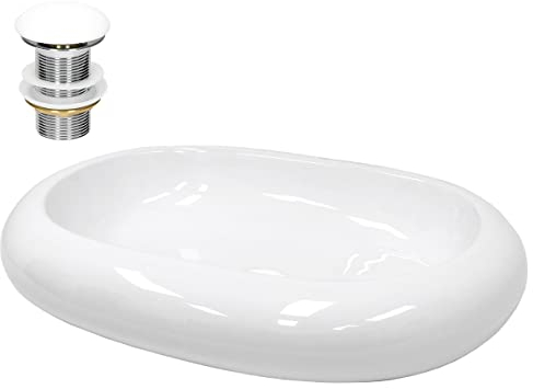 ECD Germany Waschbecken Waschtisch 630x420x120 mm inkl. Ablaufgarnitur für Waschbecken ohne Überlauf Keramik Oval Weiß Aufsatzbecken Aufsatzwaschbecken Waschschale Aufsatzwaschtisch Spülbecken Becken