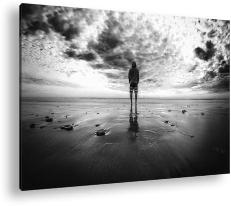 deyoli einsam am Strand von Malibu Format:90x60 cm Effekt: Schwarzweiß als Leinwandbild, Motiv fertig gerahmt auf Echtholzrahmen, Hochwertiger Digitaldruck mit Rahmen