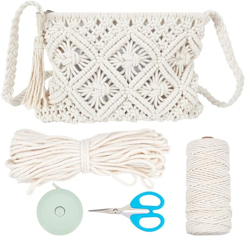 WEBEEDY Makramee-Tasche DIY Kit Bohemian Umhängetasche Makramee Geldbörse Set Für Erwachsene Anfänger, Enthält 3 mm Makramee-Kordel Häkeltaschen Für Frauen Urlaubs-Stranddekoration Mit Anleitung