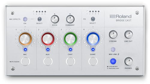 Roland BRIDGE CAST Mélangeur de jeu double bus en blanc glacier | Interface de streaming audio professionnelle et mixeur pour joueurs en ligne | Matériel DSP 32 bits | Connectivité USB-C Windows et