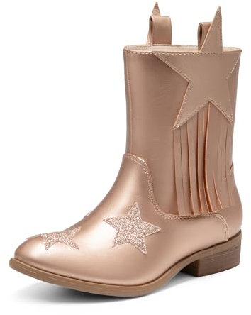 DREAM PAIRS Girls Cowgirl Cowboy Western Mid Calf Tassel Boots,Size 4 Big Kid,Rose Gold,SDBO2402K