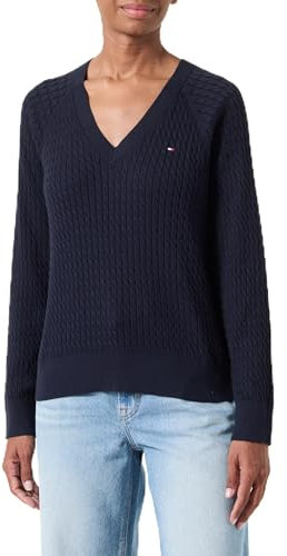 Tommy Hilfiger Women’s V-Neck Cable Knit Jumper, Blue (Desert Sky), S