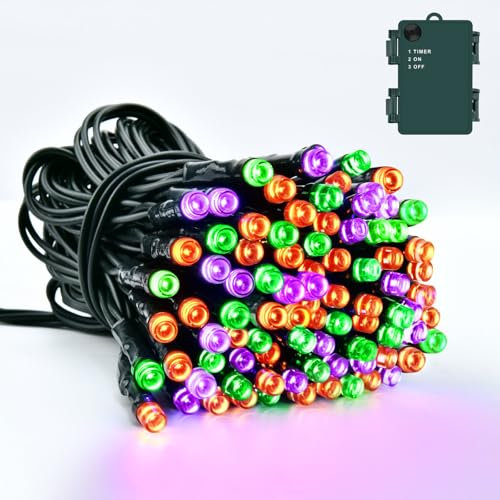 Dalugo Orange Lila Grün Halloween Lichterkette, 5M 50LED Outdoor Halloween Deko Lichterkette mit Timer, IP65 Wasserdicht Lichterkette Batterie für Innen Außen Garten Herbst Halloween Party Dekoration