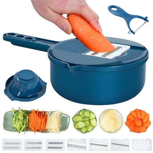 Multifunction mandoline slicer;vegetable chopper;vegetable slicer;food slicer;food chopper;chopper container;onion chopper;mandoline food slicer;vegetable cutter;chopping artifact (blue, 9 in 1)