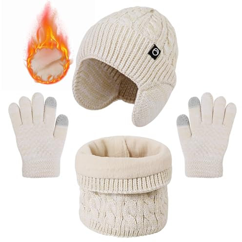 TAGVO 3 en 1 Ensemble Bonnet-Echarpe-Gants Enfant Hiver, Ensemble Chapeau Hiver Bonnet Écharpe Gant Tricot Doublure Doublé Polaire avec protège-oreilles Épaisse pour Fille et Garçon 4-10Ans