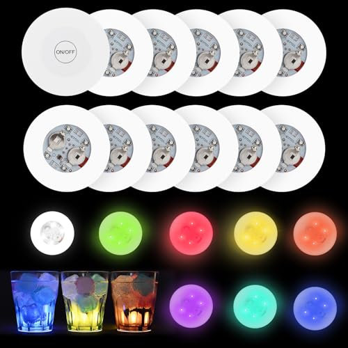 12 Stück LED Sticker Stimmungslichter 6 Bunte & 6 Kaltweiße Selbstklebende Leuchtsticker mit Farbwechsel für Flaschen LED Bar Party Dekoration 6 cm LED Untersetzer für Tee Bier Kaffee Becher
