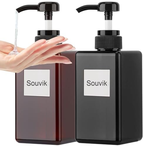 Souvik Distributeur de Savon Noir 450ml Distributeur de Savon Non Automatique en Plastique pour Cuisine et Salle de Bain – Distributeur Moderne avec Pompe Brune pour Savon Liquide