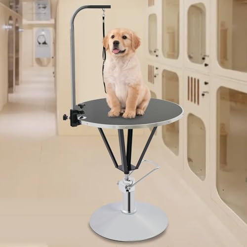 LENDISIY Hydraulischer Hundepflegetisch, Trimmtisch Tierpflegetisch Schertisch Pflegetisch, Höhenverstellbar Hydraulisch Anhebbarer Tierpflegetisch für Hunde Katze (Schwarz+Silber)