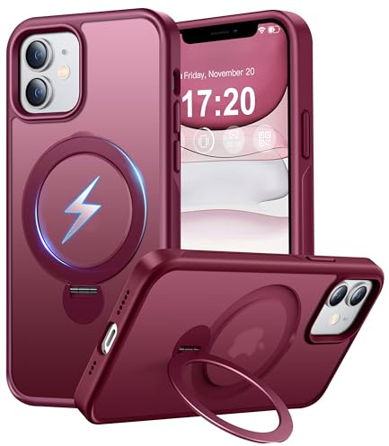 PuyaTeya 360° Drehbarer Magnetischer Ständer für iPhone 11 Hülle Kompatibel mit Mag-Safe 16FT Military Drop Protection, Anti-Kratzer/Fingerabdruck für iPhone 11 Handyhülle(Matt-Weinrot)