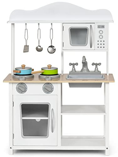 DREAMADE Kinderküche Holz mit Zubehör, Miniküche mit Spüle Backofen Mikrowelle Herd, Kinderspielküche Holzküche Spielzeugküche, Spielküche für Kinder ab 3 Jahren