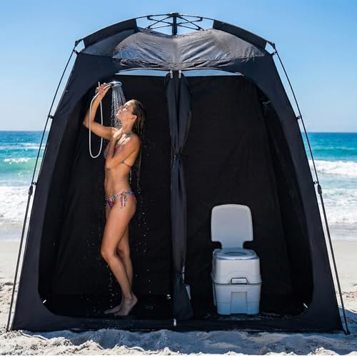 EighteenTek Upgraded Pop-Up Shower Tent, Black, 2-Room Privacy Shelter with Floor & Dual Doors, Portable Camping Toilet & Changing Tent, 83 x 47 x 77.6H