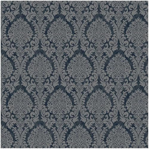 Navy and Silver Damask Wallpaper - Traditional Contemporary Versatile - Floral Elegant Feature Wall - Heavy Duty Textured Design Vinyl - Paste The Wall